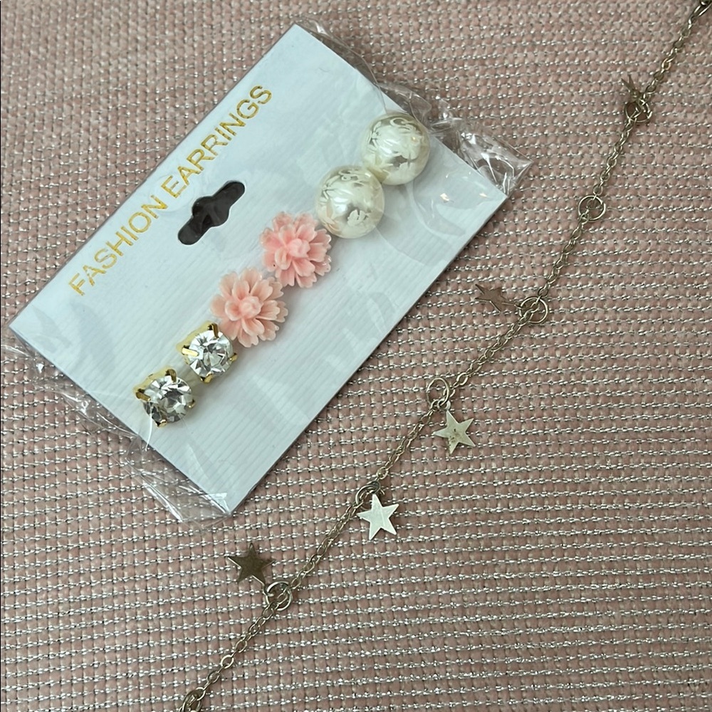 Earrings and Anklet Bundle Flowers Stars Pearls Silver Gold